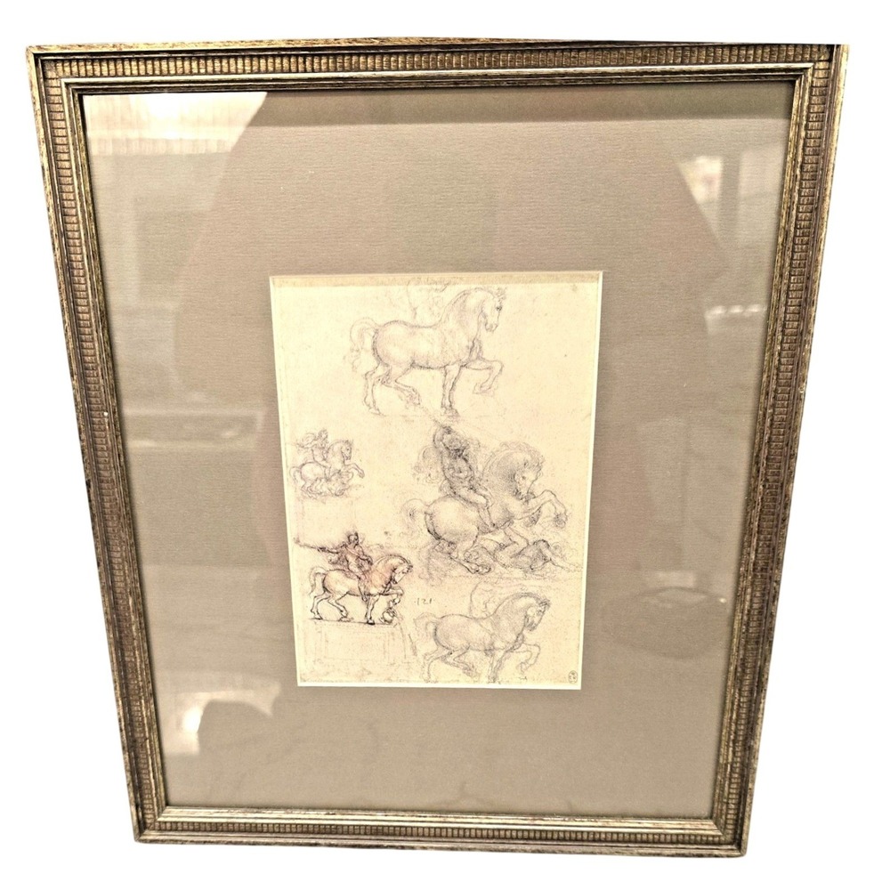 Vintage 1954 Leonardo Da Vinci Trivulzio Monument Horse Studies Framed Art Print